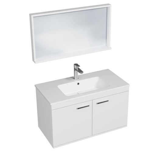 Meuble 1 Vasque Encastrée 90 Cm + Miroir Cadre 2 Portes Blanc Salle De Bain - Rubite