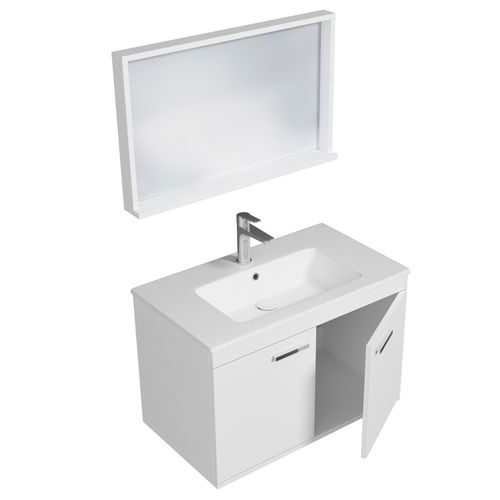 Meuble 1 Vasque Encastrée 80 Cm + Miroir Cadre 2 Portes Blanc Salle De Bain - Rubite