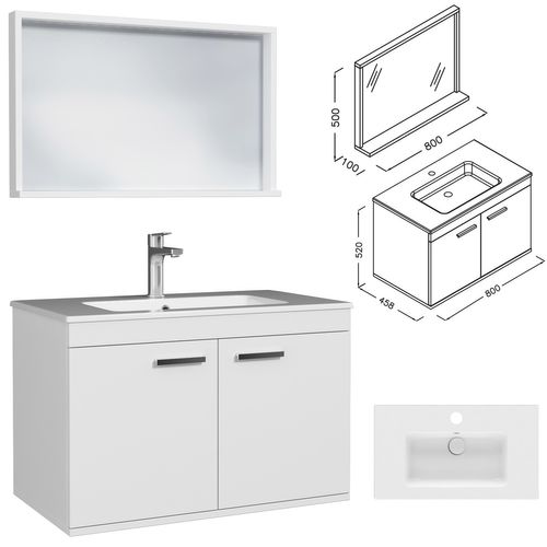 Meuble 1 Vasque Encastrée 80 Cm + Miroir Cadre 2 Portes Blanc Salle De Bain - Rubite