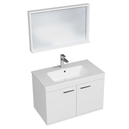 Meuble 1 Vasque Encastrée 80 Cm + Miroir Cadre 2 Portes Blanc Salle De Bain - Rubite