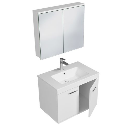 Meuble 1 Vasque Encastrée 70 Cm + Miroir Armoire 2 Portes Blanc Salle De Bain - Rubite