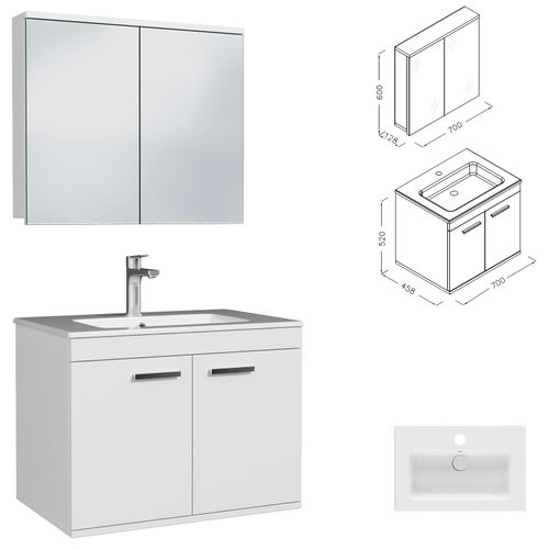 Meuble 1 Vasque Encastrée 70 Cm + Miroir Armoire 2 Portes Blanc Salle De Bain - Rubite