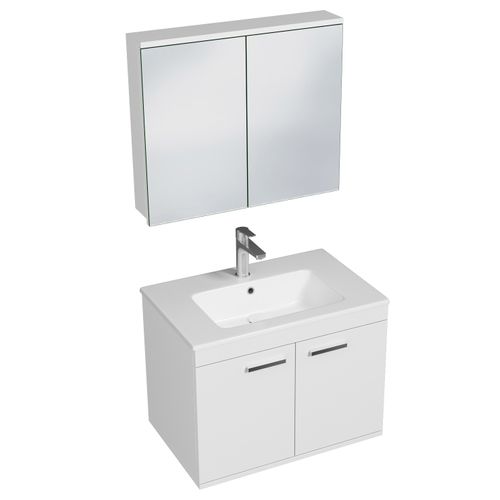 Meuble 1 Vasque Encastrée 70 Cm + Miroir Armoire 2 Portes Blanc Salle De Bain - Rubite