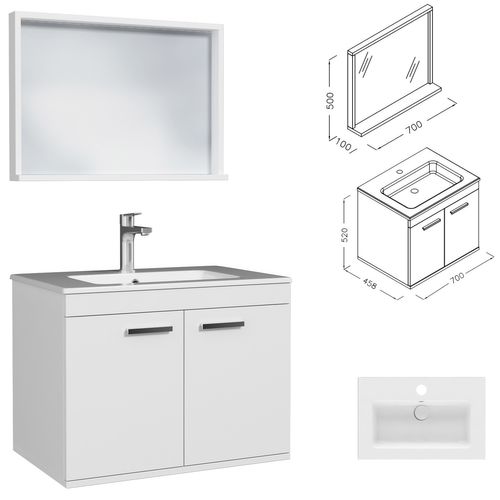 Meuble 1 Vasque Encastrée 70 Cm + Miroir Cadre 2 Portes Blanc Salle De Bain - Rubite