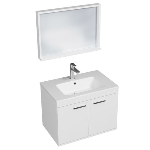 Meuble 1 Vasque Encastrée 70 Cm + Miroir Cadre 2 Portes Blanc Salle De Bain - Rubite
