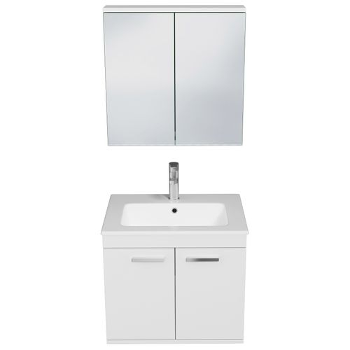 Meuble 1 Vasque Encastrée 60 Cm + Miroir Armoire 2 Portes Blanc Salle De Bain - Rubite