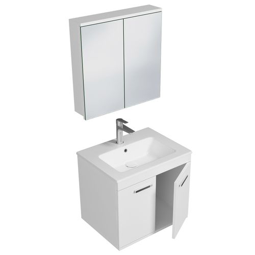 Meuble 1 Vasque Encastrée 60 Cm + Miroir Armoire 2 Portes Blanc Salle De Bain - Rubite