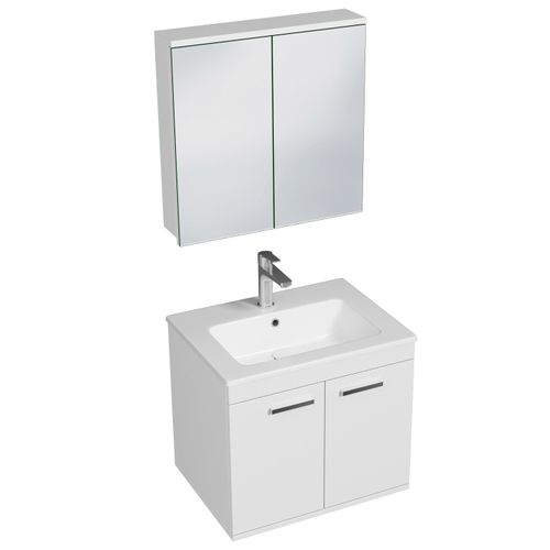 Meuble 1 Vasque Encastrée 60 Cm + Miroir Armoire 2 Portes Blanc Salle De Bain - Rubite