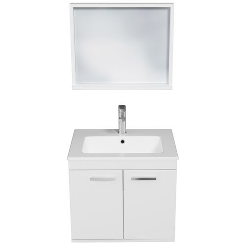 Meuble 1 Vasque Encastrée 60 Cm + Miroir Cadre 2 Portes Blanc Salle De Bain - Rubite