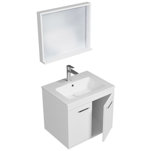 Meuble 1 Vasque Encastrée 60 Cm + Miroir Cadre 2 Portes Blanc Salle De Bain - Rubite