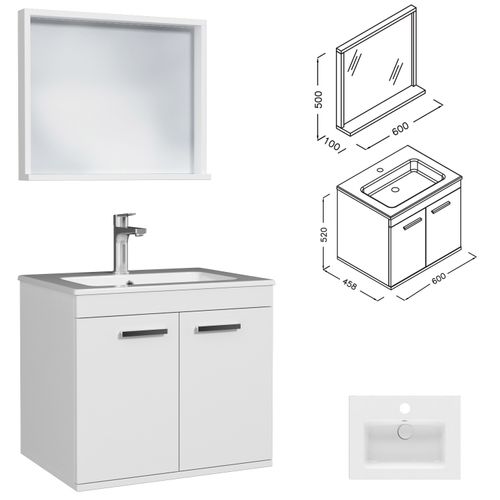 Meuble 1 Vasque Encastrée 60 Cm + Miroir Cadre 2 Portes Blanc Salle De Bain - Rubite
