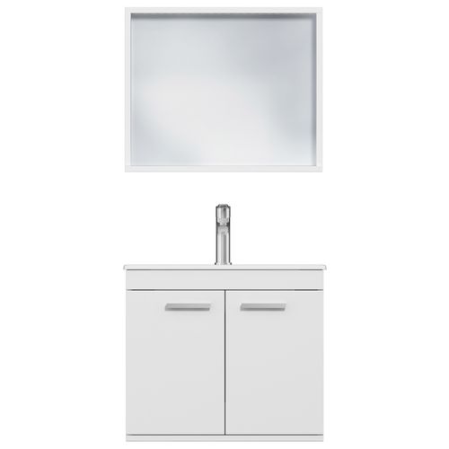 Meuble 1 Vasque Encastrée 60 Cm + Miroir Cadre 2 Portes Blanc Salle De Bain - Rubite