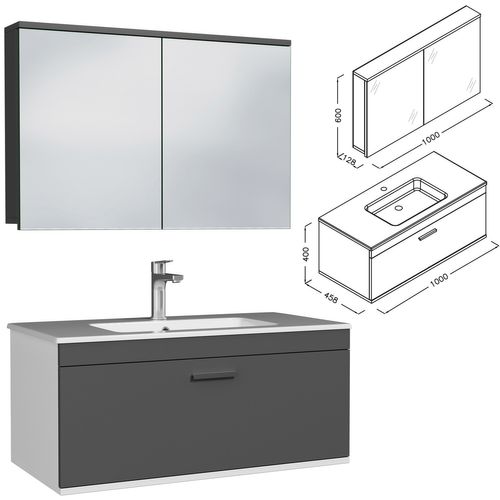 Meuble 1 Vasque Encastrée 100 Cm + Miroir Armoire 1 Tiroir Gris Anthracite Salle De Bain - Rubite