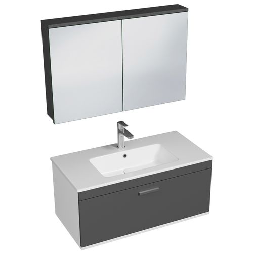 Meuble 1 Vasque Encastrée 100 Cm + Miroir Armoire 1 Tiroir Gris Anthracite Salle De Bain - Rubite