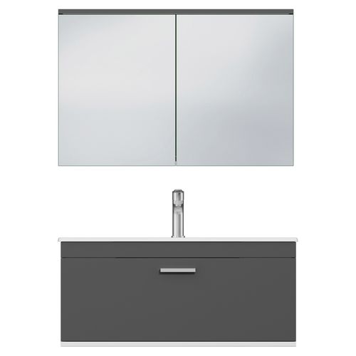 Meuble 1 Vasque Encastrée 100 Cm + Miroir Armoire 1 Tiroir Gris Anthracite Salle De Bain - Rubite