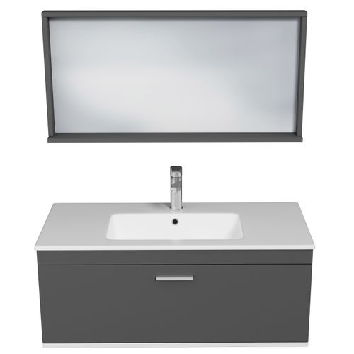 Meuble 1 Vasque Encastrée 100 Cm + Miroir Cadre 1 Tiroir Gris Anthracite Salle De Bain - Rubite