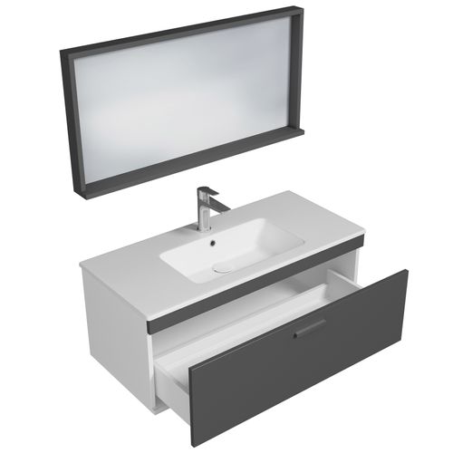 Meuble 1 Vasque Encastrée 100 Cm + Miroir Cadre 1 Tiroir Gris Anthracite Salle De Bain - Rubite