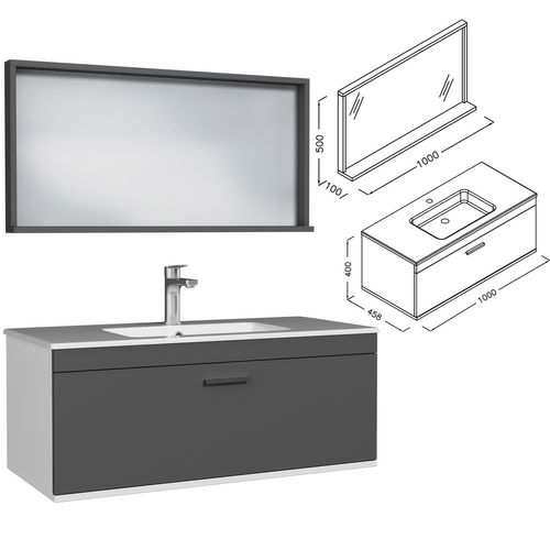 Meuble 1 Vasque Encastrée 100 Cm + Miroir Cadre 1 Tiroir Gris Anthracite Salle De Bain - Rubite