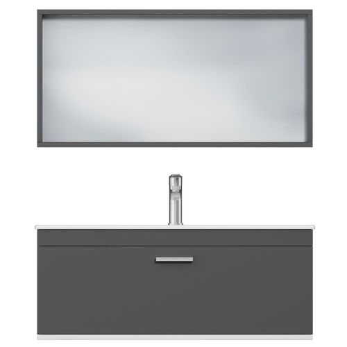 Meuble 1 Vasque Encastrée 100 Cm + Miroir Cadre 1 Tiroir Gris Anthracite Salle De Bain - Rubite