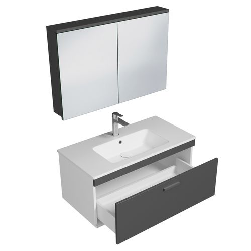 Meuble 1 Vasque Encastrée 90 Cm + Miroir Armoire 1 Tiroir Gris Anthracite Salle De Bain - Rubite