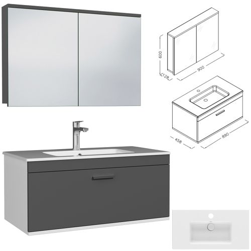 Meuble 1 Vasque Encastrée 90 Cm + Miroir Armoire 1 Tiroir Gris Anthracite Salle De Bain - Rubite