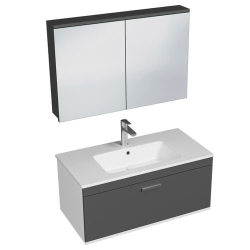 Meuble 1 Vasque Encastrée 90 Cm + Miroir Armoire 1 Tiroir Gris Anthracite Salle De Bain - Rubite