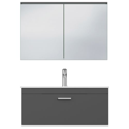 Meuble 1 Vasque Encastrée 90 Cm + Miroir Armoire 1 Tiroir Gris Anthracite Salle De Bain - Rubite