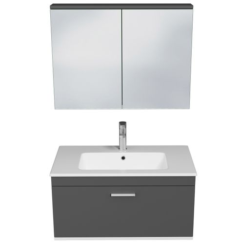 Meuble 1 Vasque Encastrée 80 Cm + Miroir Armoire 1 Tiroir Gris Anthracite Salle De Bain - Rubite