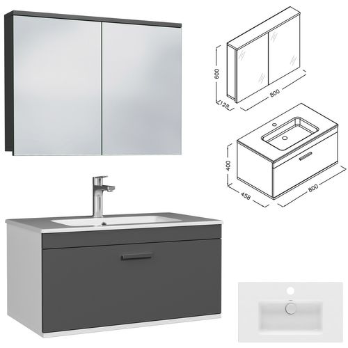 Meuble 1 Vasque Encastrée 80 Cm + Miroir Armoire 1 Tiroir Gris Anthracite Salle De Bain - Rubite