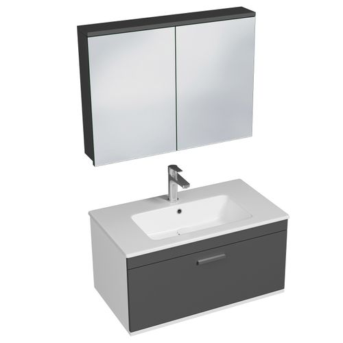 Meuble 1 Vasque Encastrée 80 Cm + Miroir Armoire 1 Tiroir Gris Anthracite Salle De Bain - Rubite