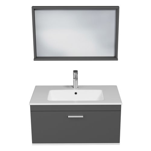 Meuble 1 Vasque Encastrée 80 Cm + Miroir Cadre 1 Tiroir Gris Anthracite Salle De Bain - Rubite