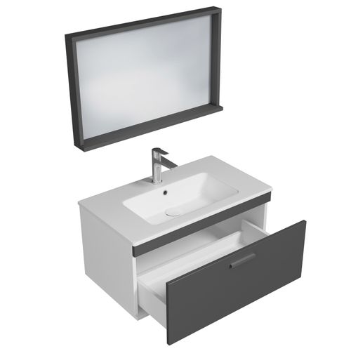 Meuble 1 Vasque Encastrée 80 Cm + Miroir Cadre 1 Tiroir Gris Anthracite Salle De Bain - Rubite
