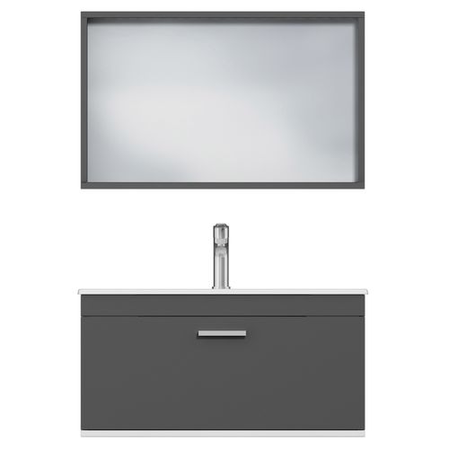 Meuble 1 Vasque Encastrée 80 Cm + Miroir Cadre 1 Tiroir Gris Anthracite Salle De Bain - Rubite