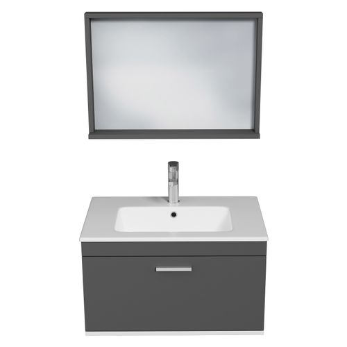 Meuble 1 Vasque Encastrée 70 Cm + Miroir Cadre 1 Tiroir Gris Anthracite Salle De Bain - Rubite
