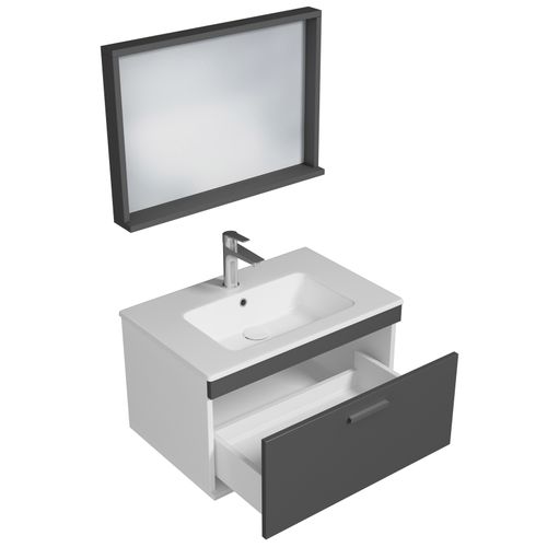 Meuble 1 Vasque Encastrée 70 Cm + Miroir Cadre 1 Tiroir Gris Anthracite Salle De Bain - Rubite