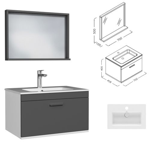 Meuble 1 Vasque Encastrée 70 Cm + Miroir Cadre 1 Tiroir Gris Anthracite Salle De Bain - Rubite