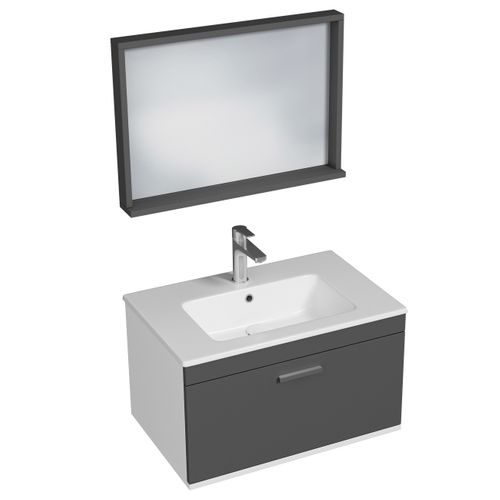 Meuble 1 Vasque Encastrée 70 Cm + Miroir Cadre 1 Tiroir Gris Anthracite Salle De Bain - Rubite