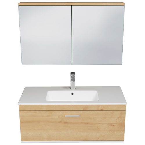 Meuble 1 Vasque Encastrée 100 Cm + Miroir Armoire 1 Tiroir Chêne Clair Salle De Bain - Rubite
