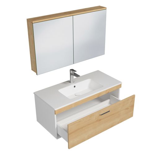 Meuble 1 Vasque Encastrée 100 Cm + Miroir Armoire 1 Tiroir Chêne Clair Salle De Bain - Rubite