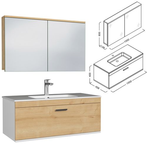 Meuble 1 Vasque Encastrée 100 Cm + Miroir Armoire 1 Tiroir Chêne Clair Salle De Bain - Rubite