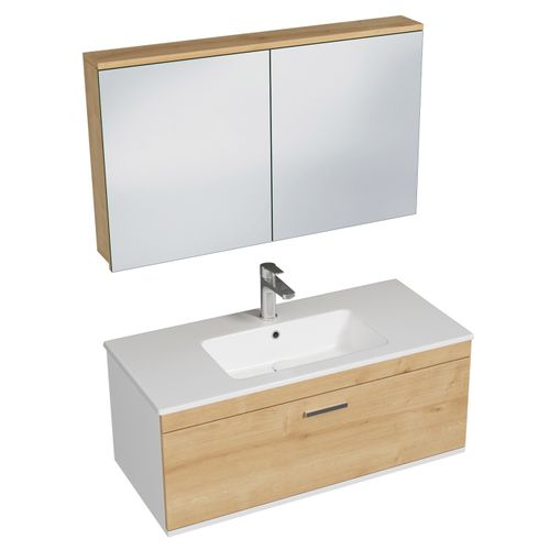 Meuble 1 Vasque Encastrée 100 Cm + Miroir Armoire 1 Tiroir Chêne Clair Salle De Bain - Rubite