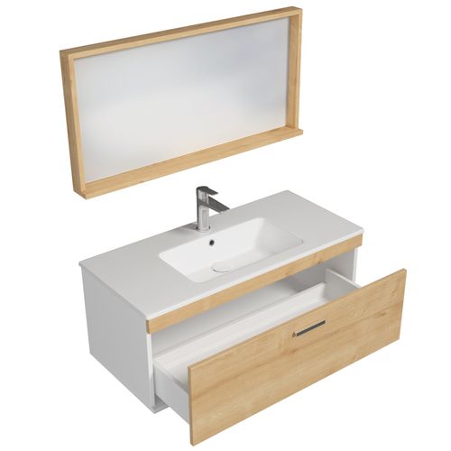 Meuble 1 Vasque Encastrée 100 Cm + Miroir Cadre 1 Tiroir Chêne Clair Salle De Bain - Rubite