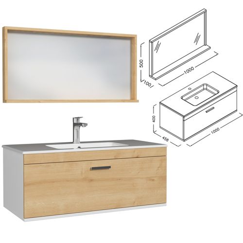 Meuble 1 Vasque Encastrée 100 Cm + Miroir Cadre 1 Tiroir Chêne Clair Salle De Bain - Rubite