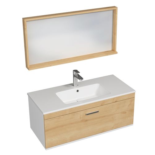 Meuble 1 Vasque Encastrée 100 Cm + Miroir Cadre 1 Tiroir Chêne Clair Salle De Bain - Rubite