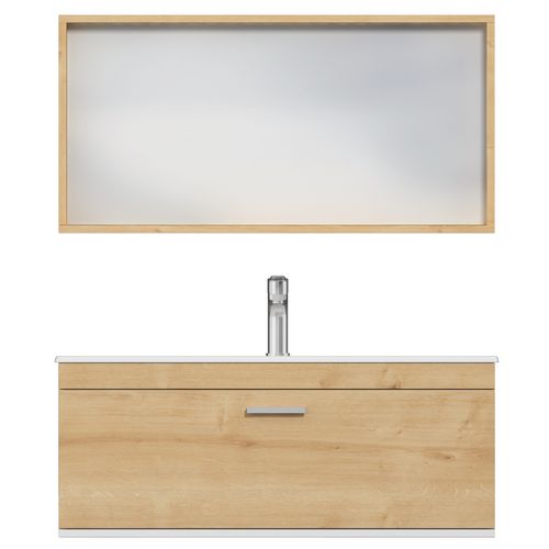 Meuble 1 Vasque Encastrée 100 Cm + Miroir Cadre 1 Tiroir Chêne Clair Salle De Bain - Rubite