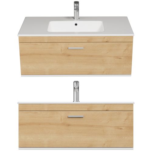 Meuble 1 Vasque Encastrée 100 Cm 1 Tiroir Chêne Clair Salle De Bain - Rubite