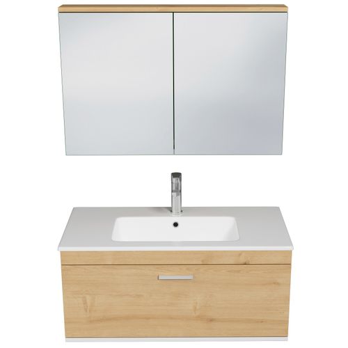 Meuble 1 Vasque Encastrée 90 Cm + Miroir Armoire 1 Tiroir Chêne Clair Salle De Bain - Rubite