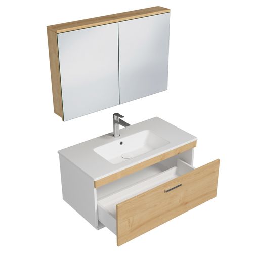 Meuble 1 Vasque Encastrée 90 Cm + Miroir Armoire 1 Tiroir Chêne Clair Salle De Bain - Rubite