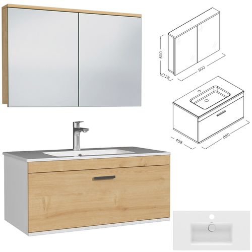 Meuble 1 Vasque Encastrée 90 Cm + Miroir Armoire 1 Tiroir Chêne Clair Salle De Bain - Rubite