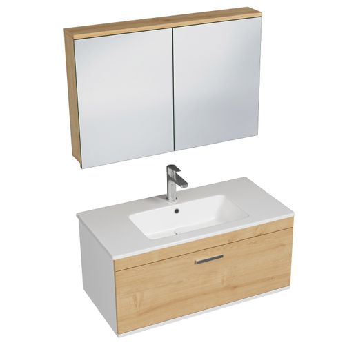 Meuble 1 Vasque Encastrée 90 Cm + Miroir Armoire 1 Tiroir Chêne Clair Salle De Bain - Rubite